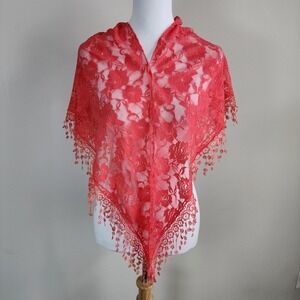 Floral Lace Triangle Scarf Tassel Fringe Shawl Wrap Romantic Boho Coquette Coral